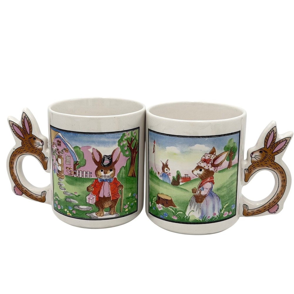 Vtg Easter Bunny Mr&Mrs Peter Rabbit Anthropomorphic Coffee Mug Tea Cup Set of 2